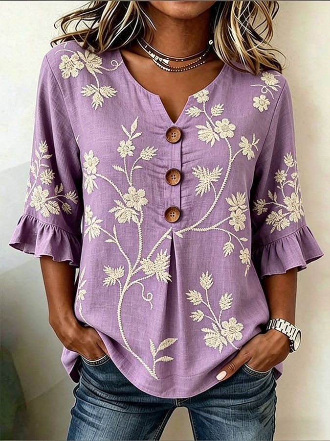 Women's Casual Purple Floral-Print Cotton-Linen Shirt