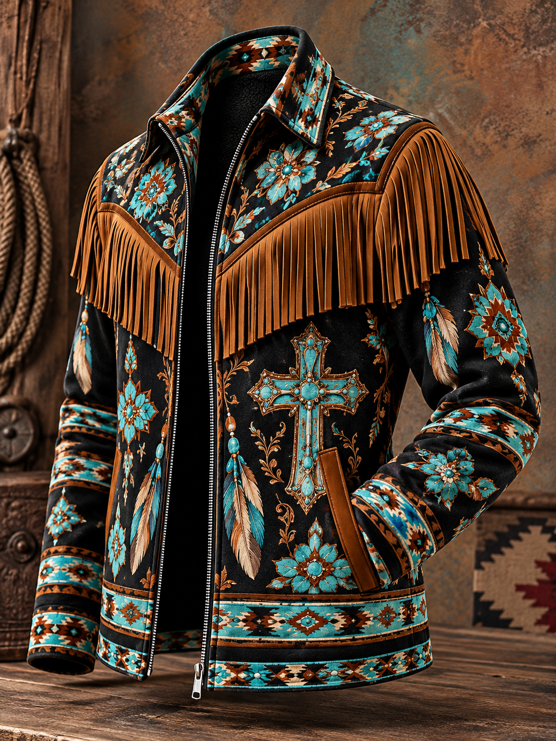 Men's Western Style Art Print Vintage Long Sleeve Fringe Jacket