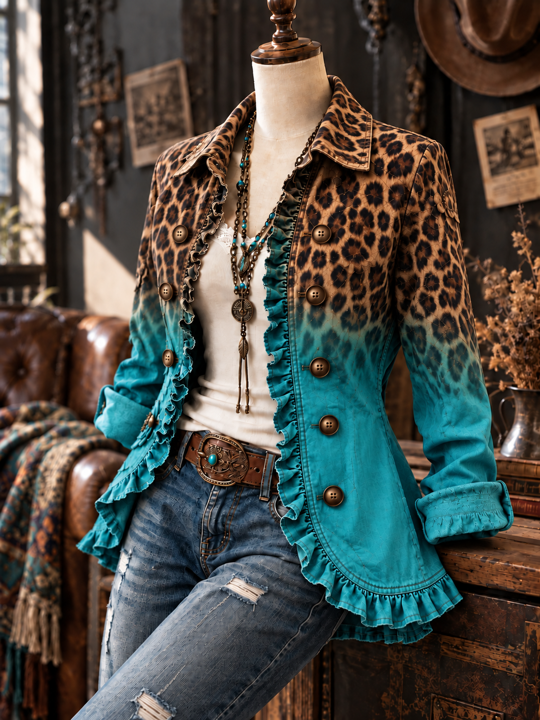 Women's Vintage Floral Art Print Casual Ruffled Shirt Jacket