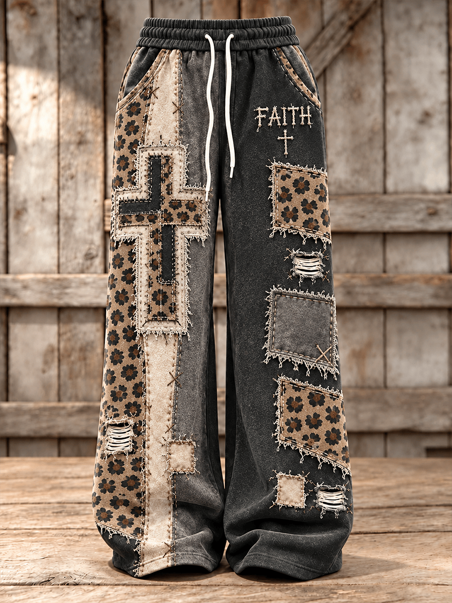 Women's Faith-themed Patchwork Art Pattern Comfortable Wide-Leg Pants