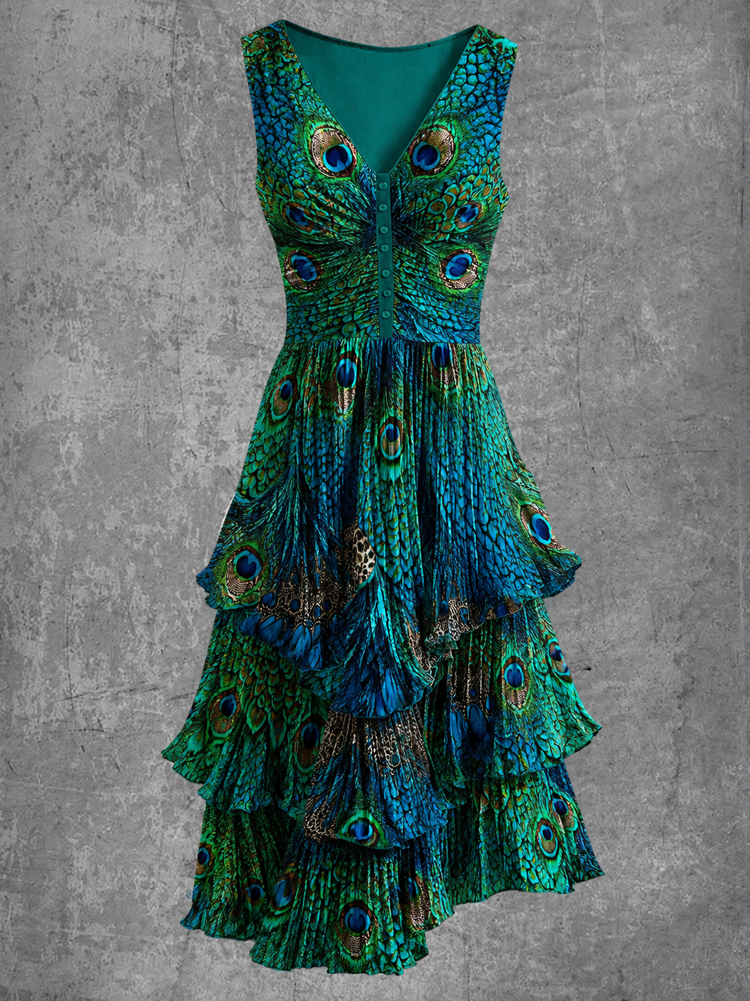 Peacock Art Printed Vintage V-Neck Sleeveless Midi Dress
