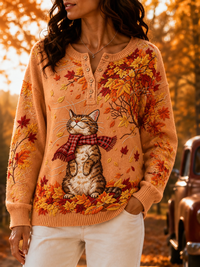 Women's Casual Print Button-Up Collar Knit Top