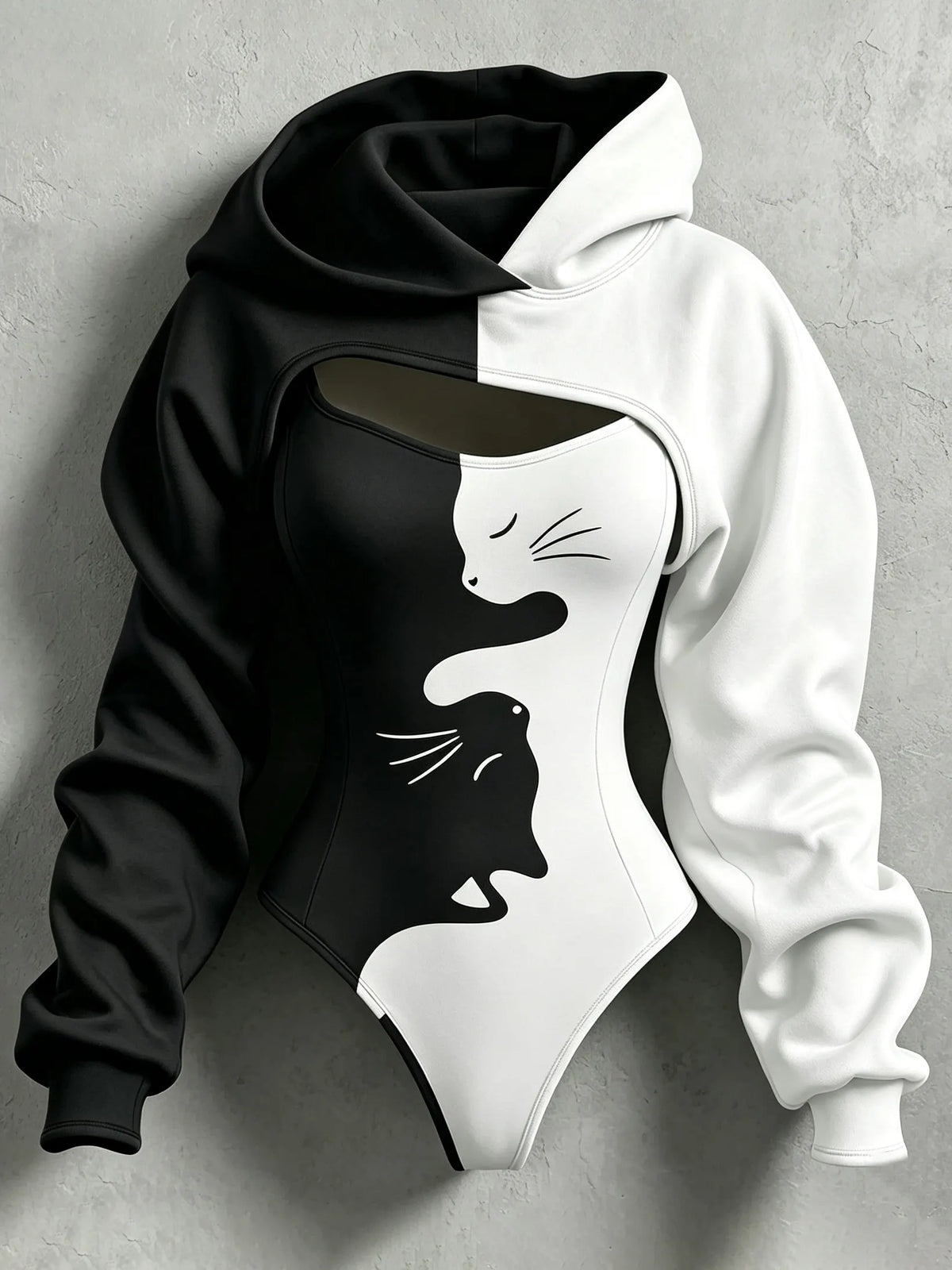 Women's Retro Halloween Color Block Cat Print Hoodie Two-piece Set
