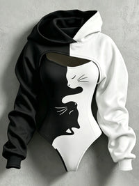 Women's Retro Halloween Color Block Cat Print Hoodie Two-piece Set