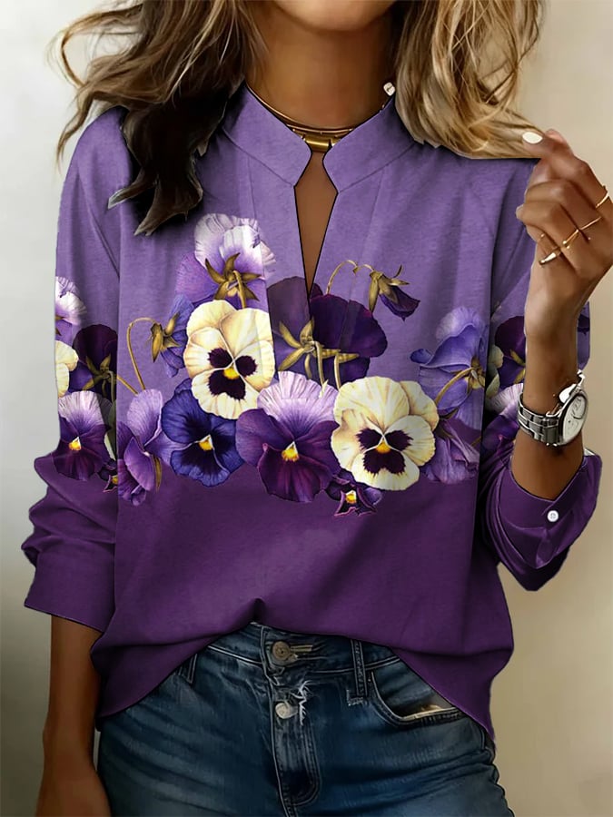 Women's Purple Floral Art Print Shirt