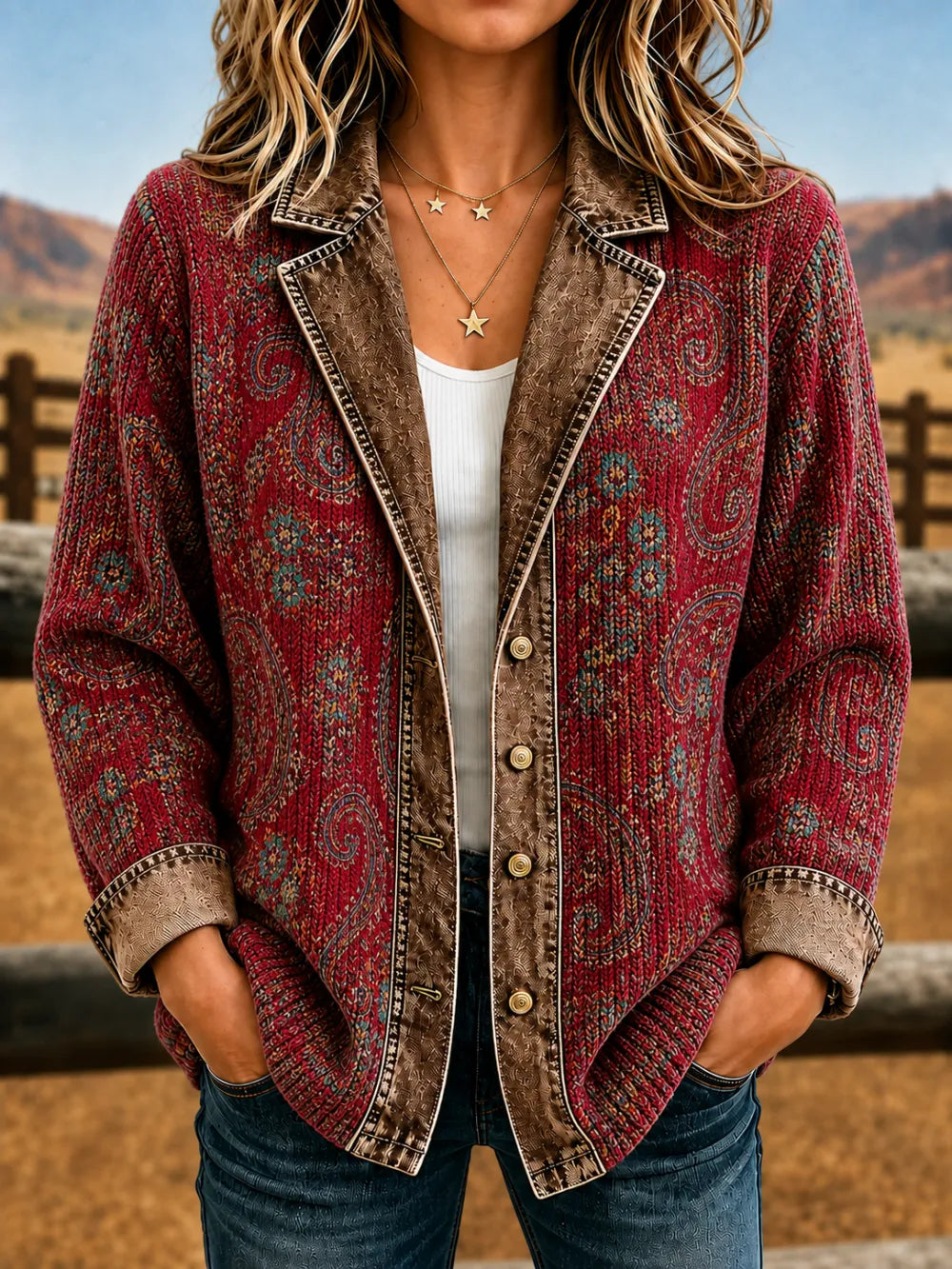 Western Style Floral Art Print Long Sleeve Vintage Jacket