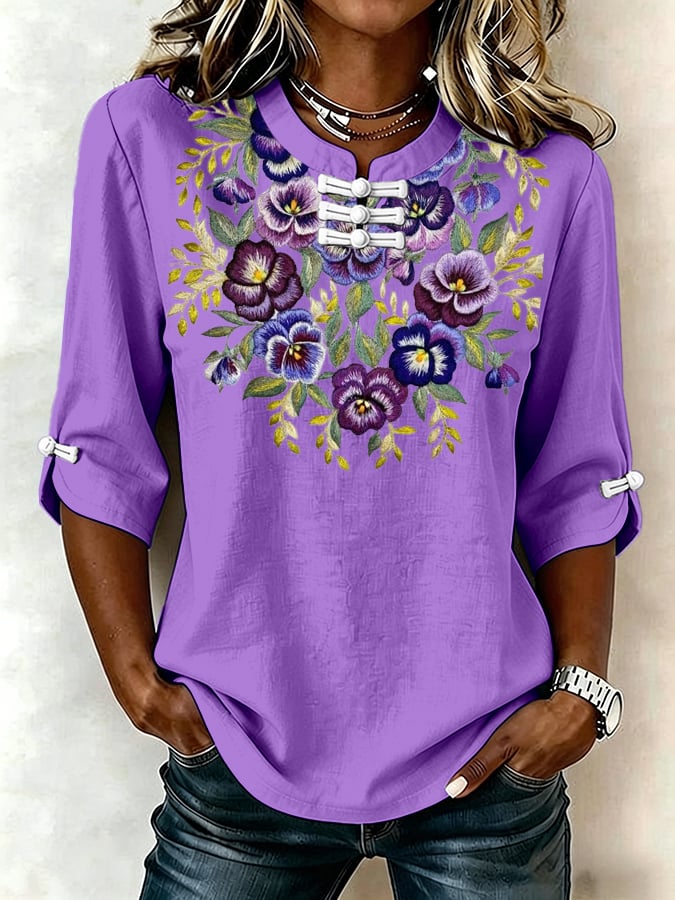 Women's Casual Retro Purple Artistic Frog-button Shirt