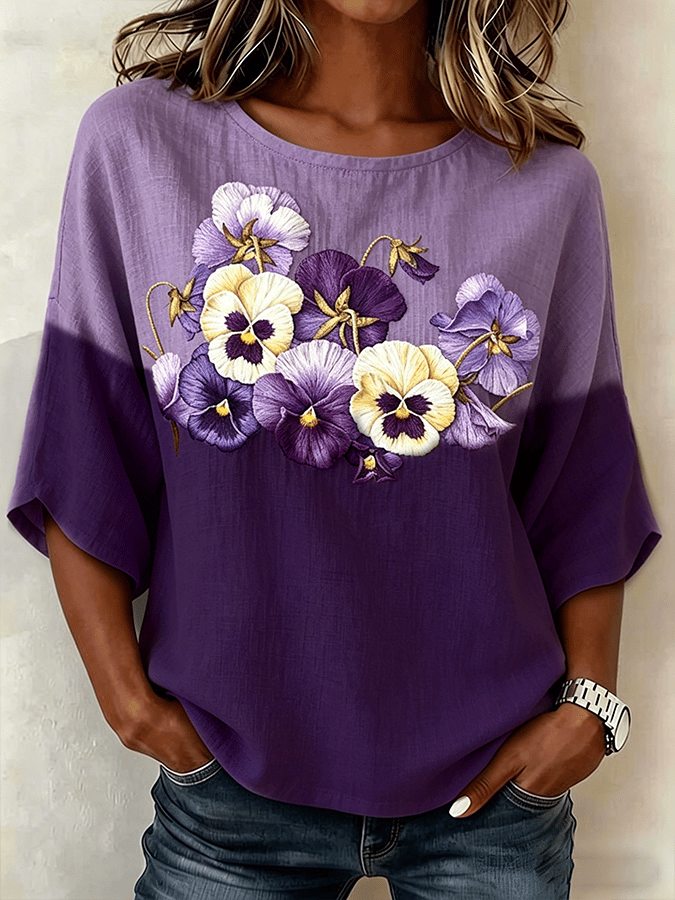 Women's Purple Pattern Printed Cotton Linen Casual Top