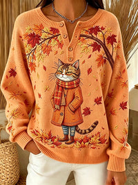 Women's Casual Print Button-Up Collar Knit Top