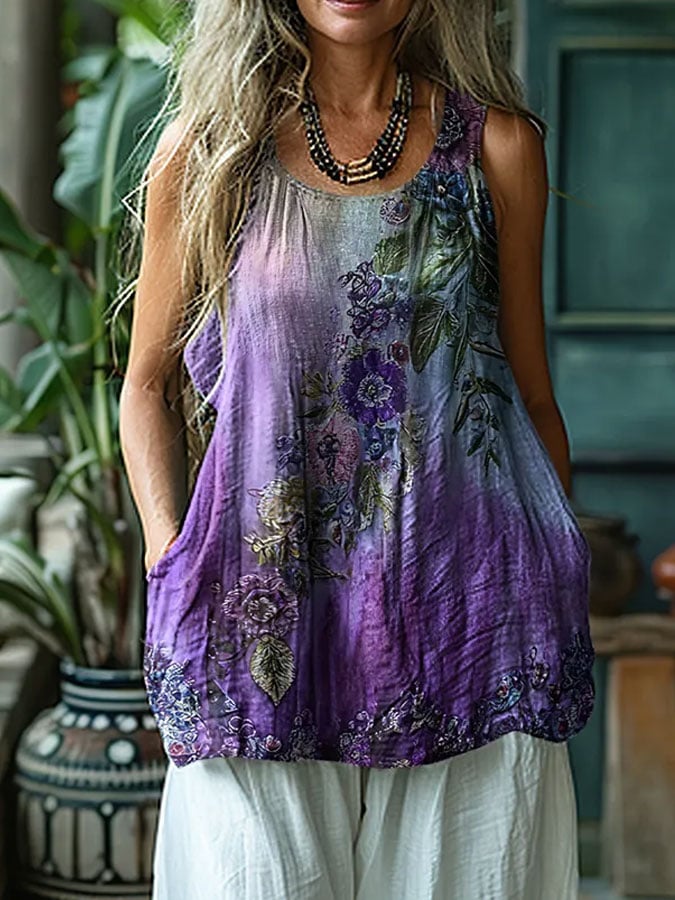 Women's Alzheimer's Purple Floral Print Linen Tank Top