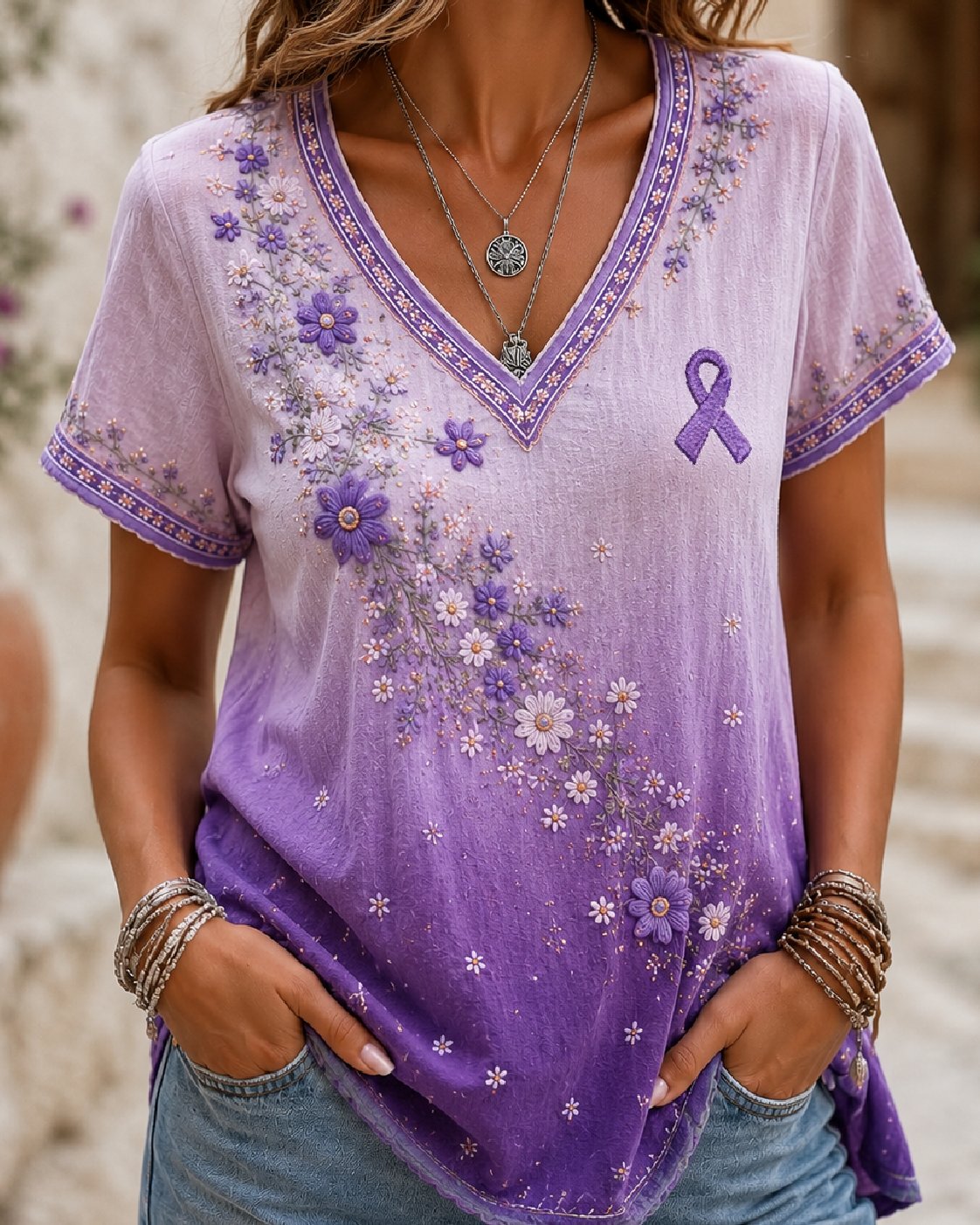 Women'S Casual Short-Sleeve Top With Purple Floral Print
