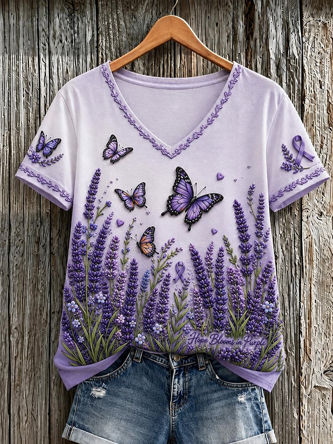 Women's Casual Alzheimer's Awareness Print V-Neck Top