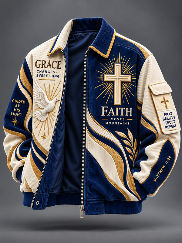 Men's Faith Cross Dove Golden Wave Art Print Casual Zip Up Corduroy Jacket