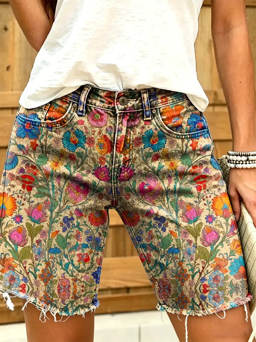 Retro Floral Print Vintage Casual Denim Short