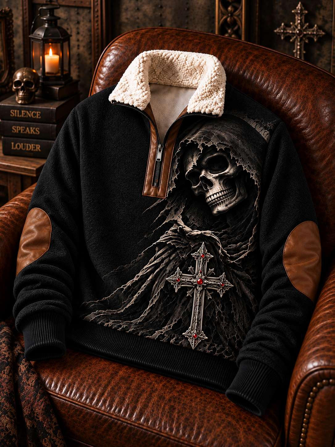 Men's Gothic Skull Jacquard Fabric Zipper Fur Collar Long Sleeve Coat