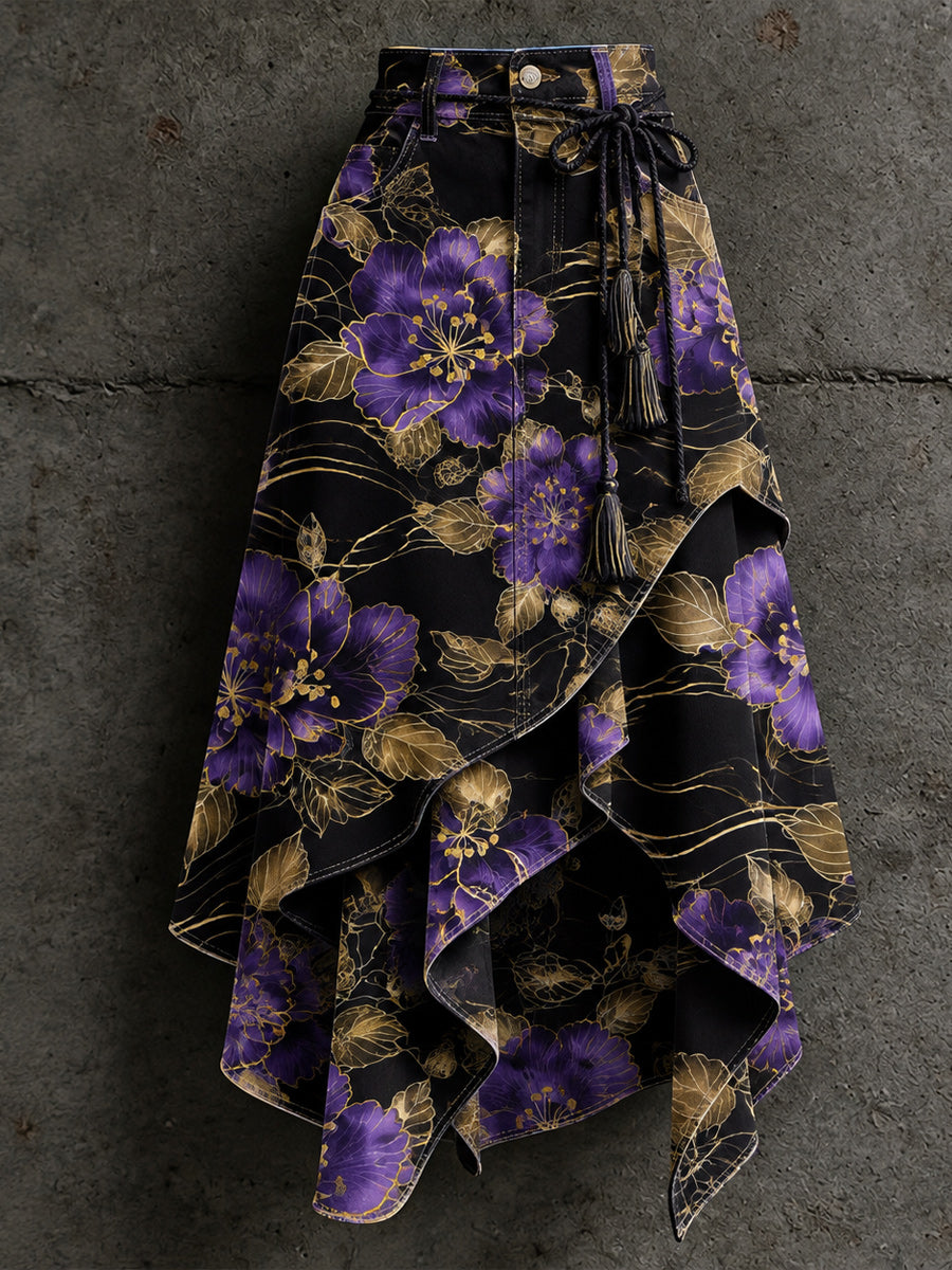 Women's Retro Style Art Print Irregularly Layered Stitched Skirt