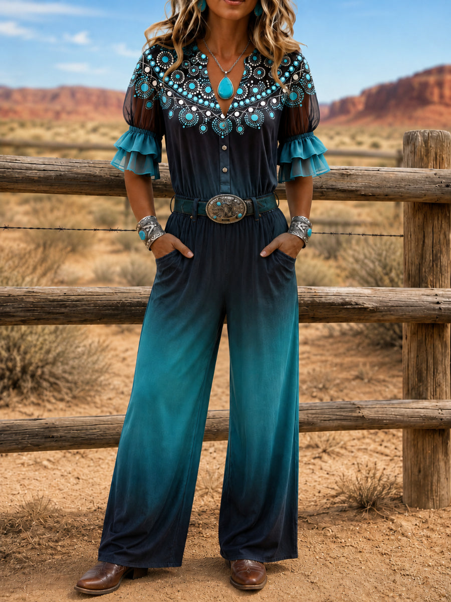 Women's Casual Short Sleeve  Western Style Jumpsuit