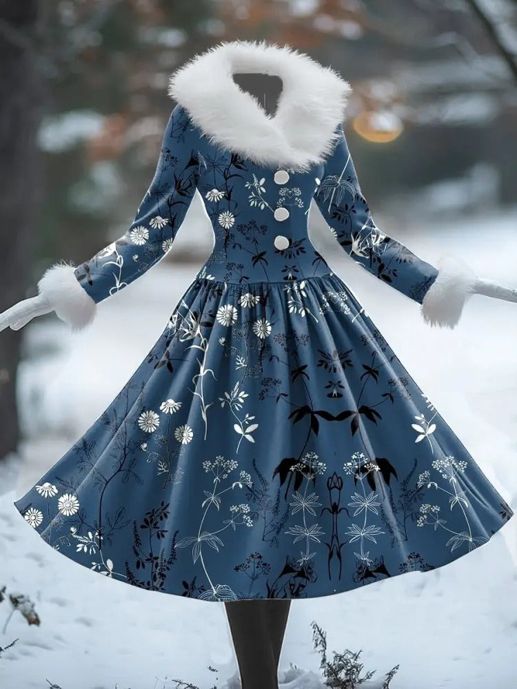 Floral Print Vintage Elegant Fur Collar Long Sleeve Midi Dress