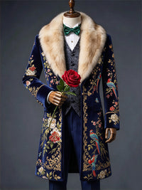 Men's Christmas Art Print Fur Shawl Collar Double Breasted Long Overcoat