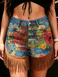 Women's Retro Style Art Print Casual Leather Fringe Patchwork Pocket Shorts