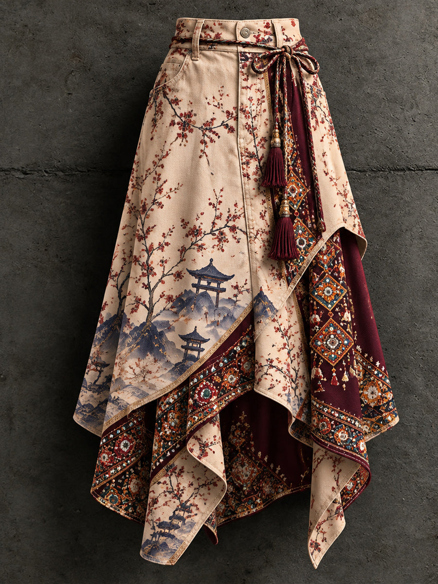 Women's Retro Style Art Print Irregularly Layered Stitched Skirt
