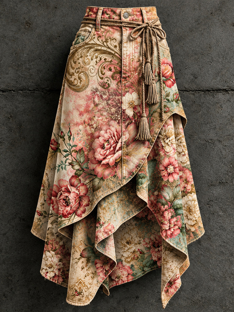 Women's Retro Style Art Print Irregularly Layered Stitched Skirt