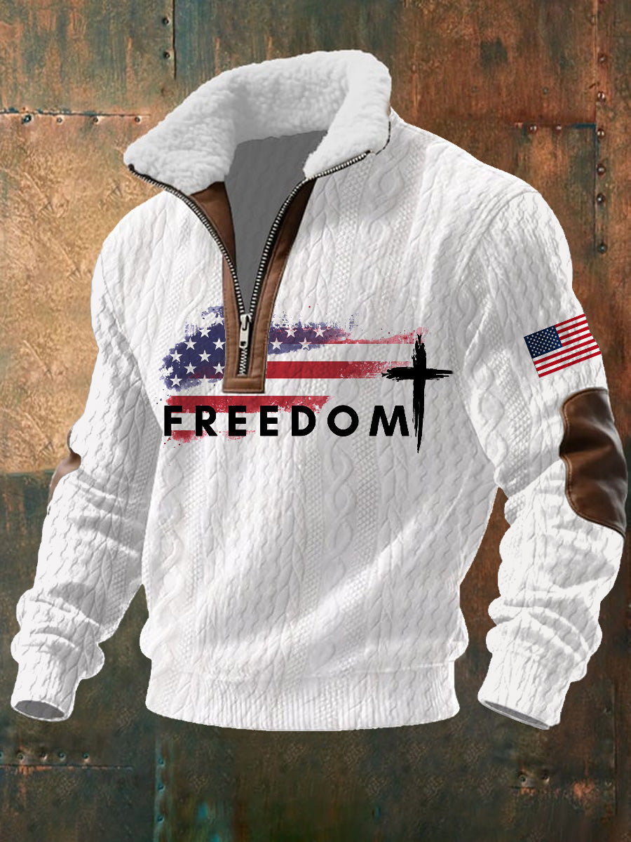 Men's American Flag Freedom Print Jacquard Fabric Zipper Fur Collar Long Sleeve Sweatshirt