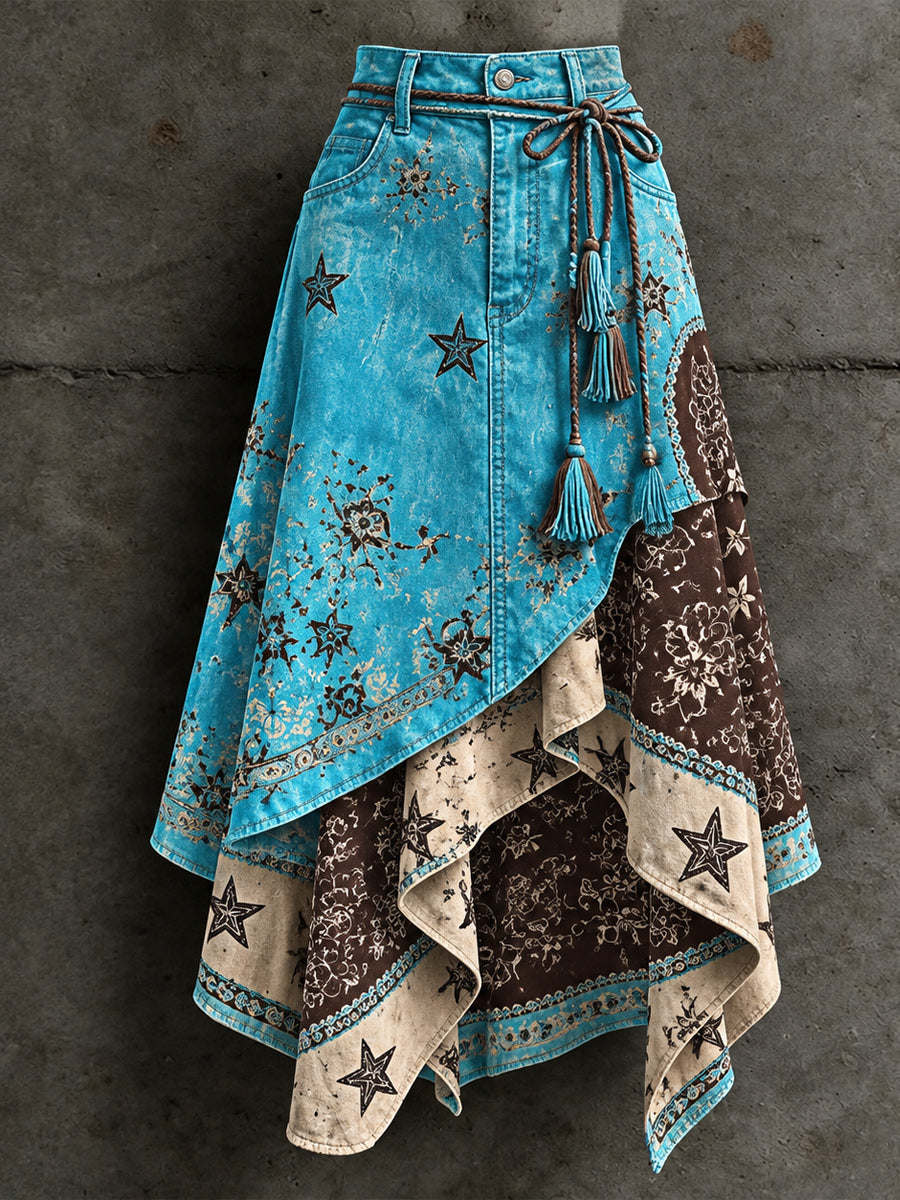 Women's Retro Style Art Print Irregularly Layered Stitched Skirt