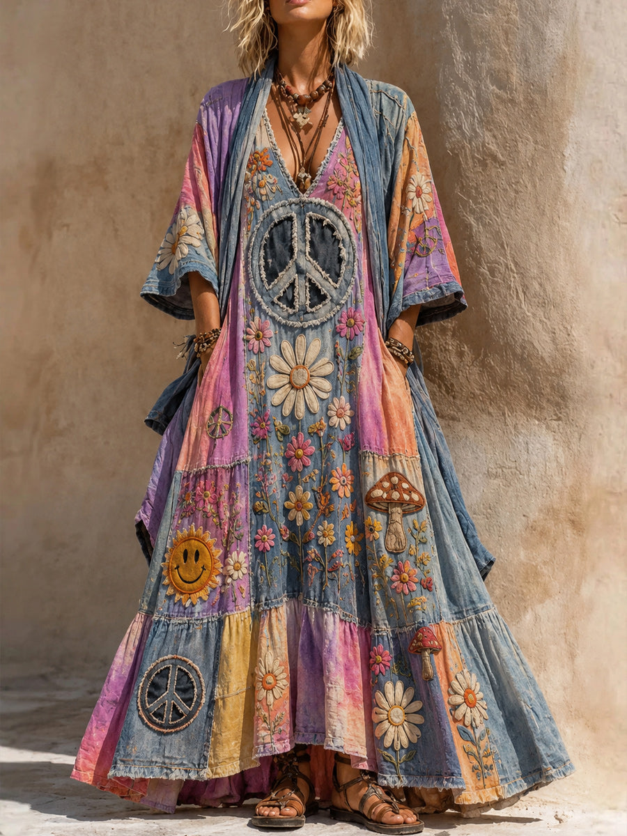 Retro Style Art Printed Vintage Camisole Dress Long Sleeve Two-Piece Maxi Dress