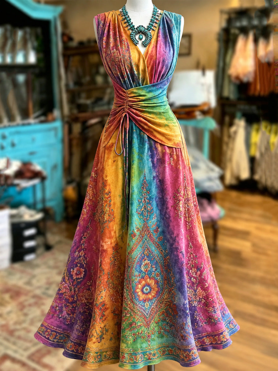 Retro Style Art Printed Elegant V-Neck Vintage Short-Sleeved Maxi Dress