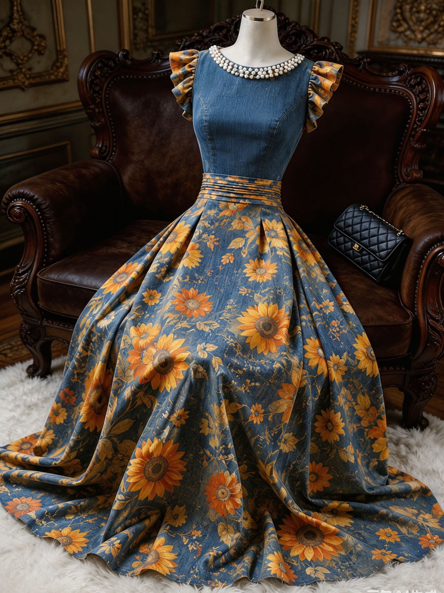 Retro Floral Art Printed Elegant V-Neck Vintage Ruffled Hemmed Sleeves Maxi Dress