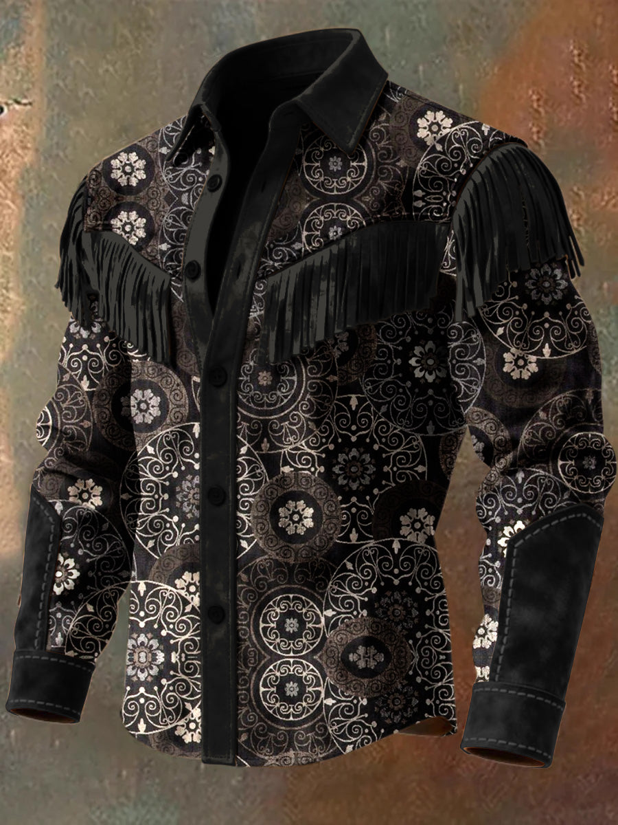 Men's Retro Western Style Art Print Vintage Tassel Casual Long Sleeve Shirt