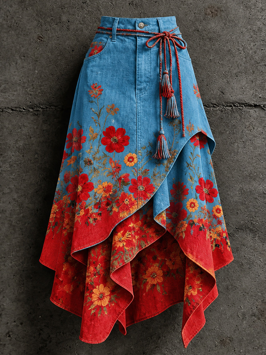 Women's Retro Style Art Print Irregularly Layered Stitched Skirt