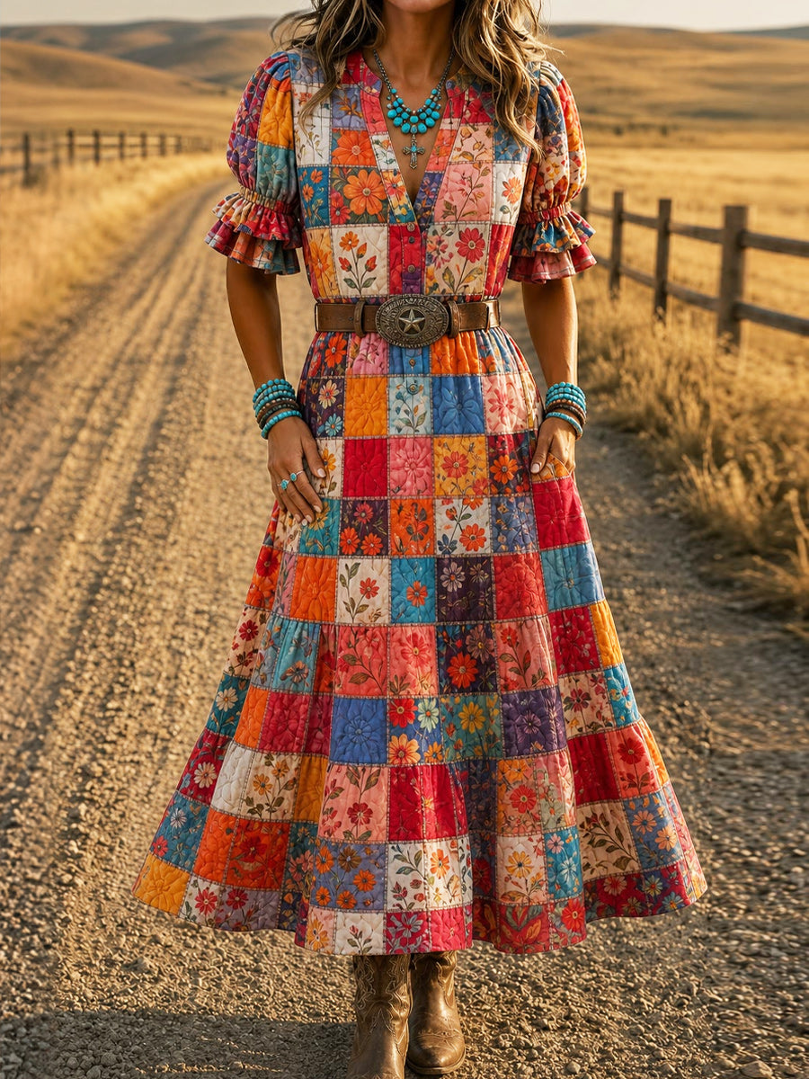 Women's Retro Art Print Washed Cotton Layered Patchwork Midi Dress