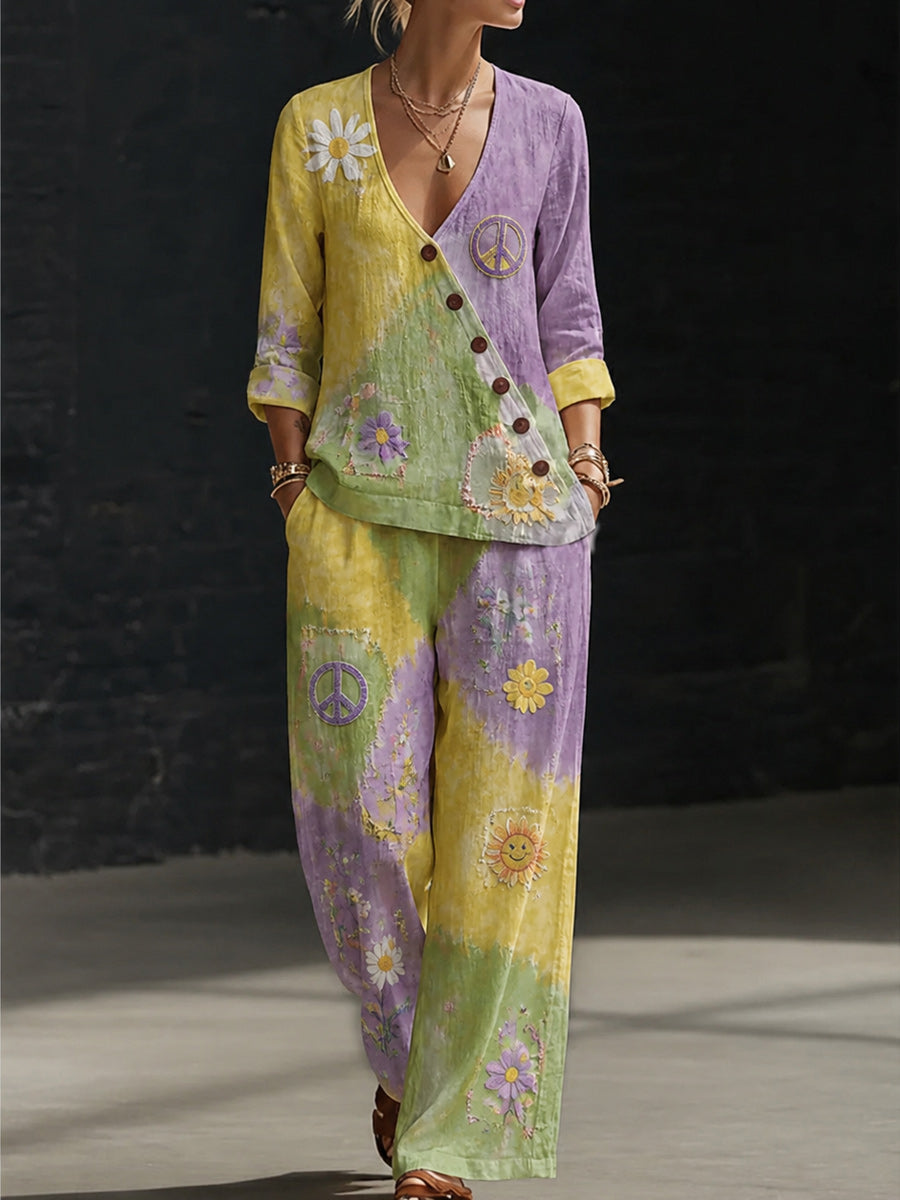 Retro Style Design Art Printed V-Neck Long-Sleeved Top And Pants Set