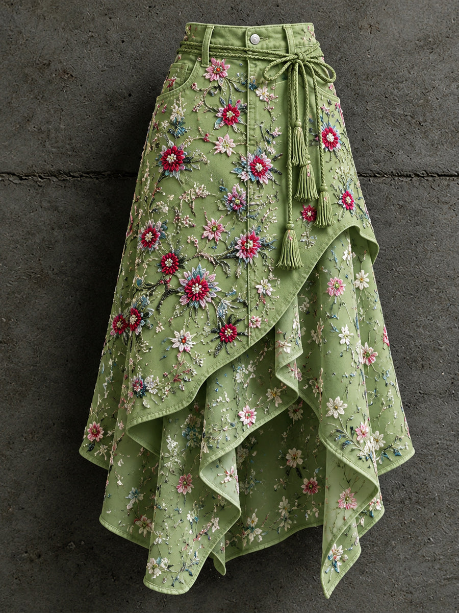 Women's Retro Style Art Print Irregularly Layered Stitched Skirt