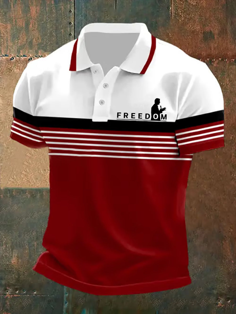 Men's Freedom American Flag Print Retro V-Neck Short Sleeves Polo-Shirt