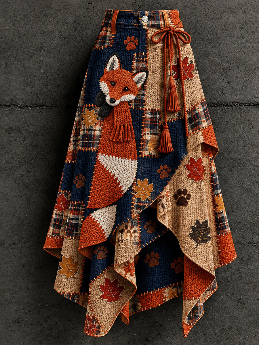Women's Retro Style Art Print Irregularly Layered Stitched Skirt