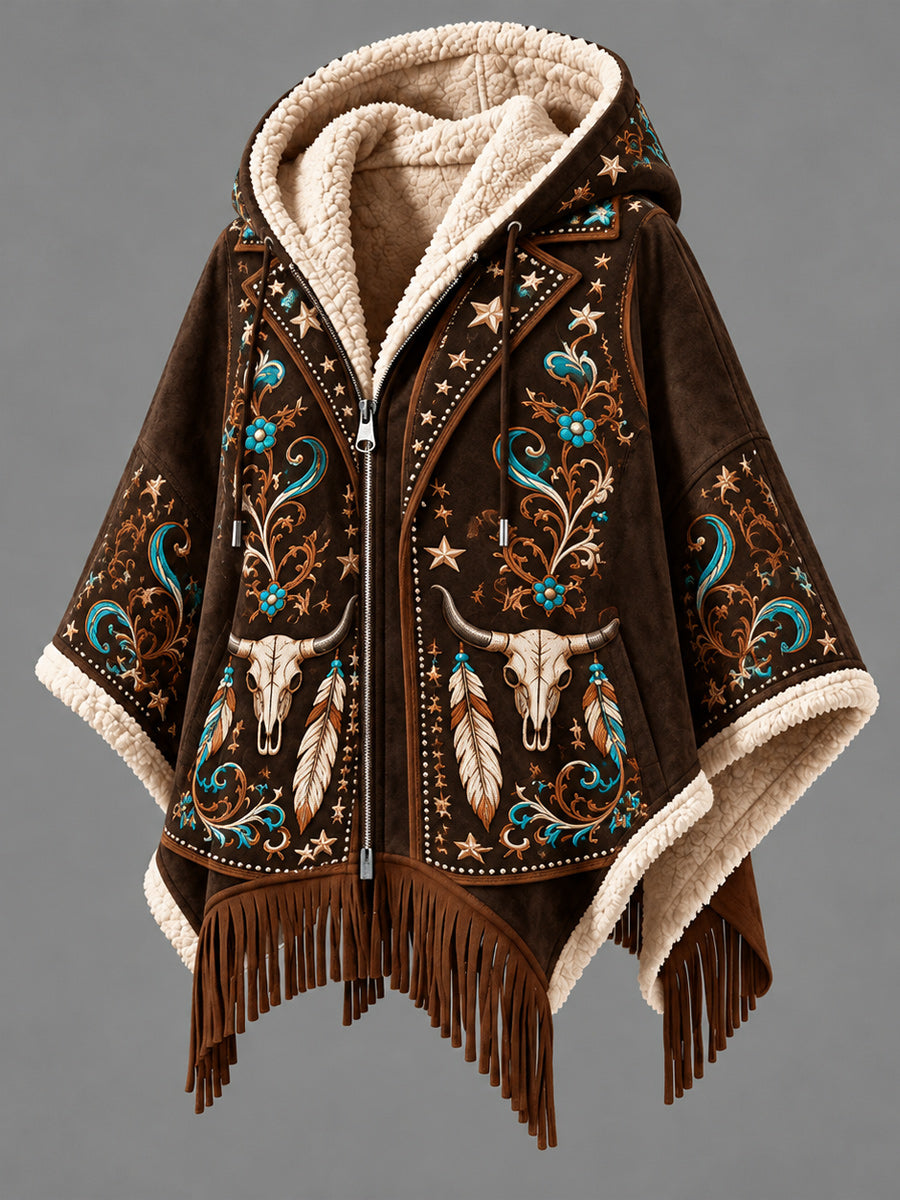 Women's Fall Winter Vintage Art Fleece-Lined Hooded Fringe Poncho