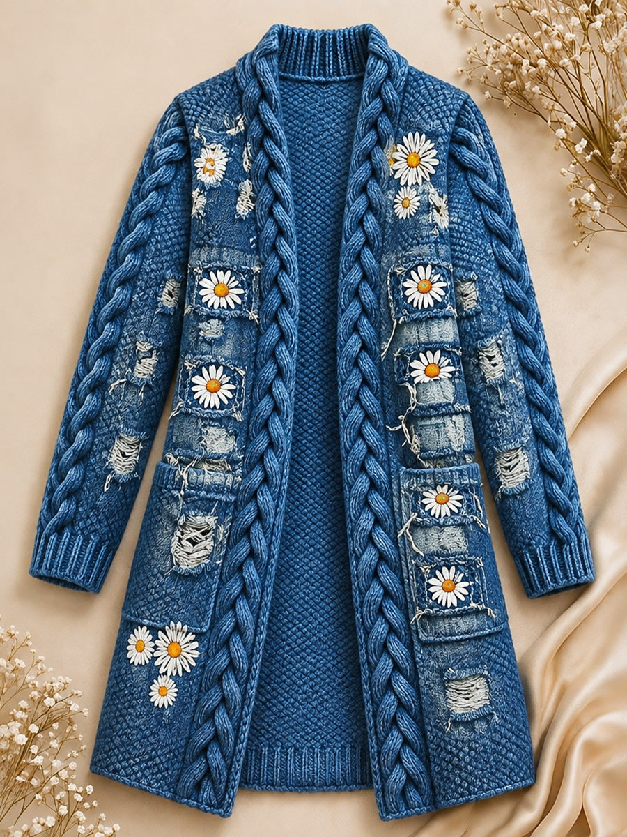 Retro Style Art Print Casual Pocket Mid-Length Knitted Cardigan Coat