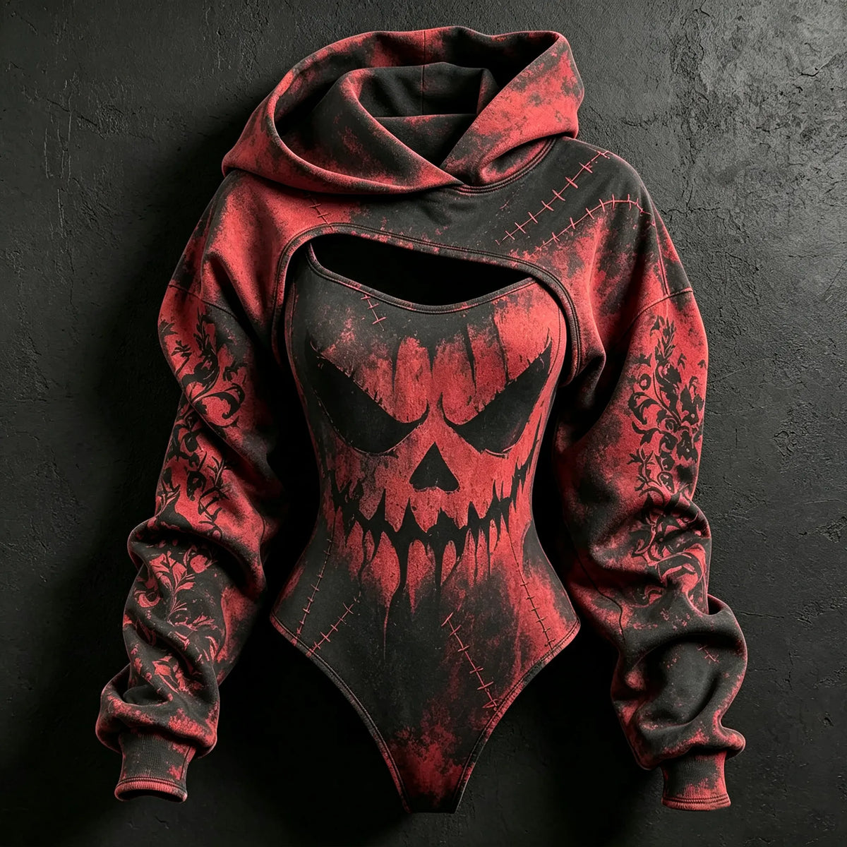 Women's Retro Halloween Emoji Tie-dye Print Hoodie Two-piece Set