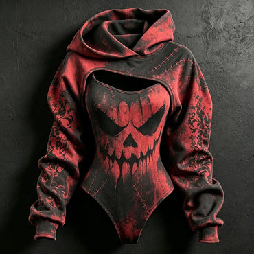 Women's Retro Halloween Emoji Tie-dye Print Hoodie Two-piece Set
