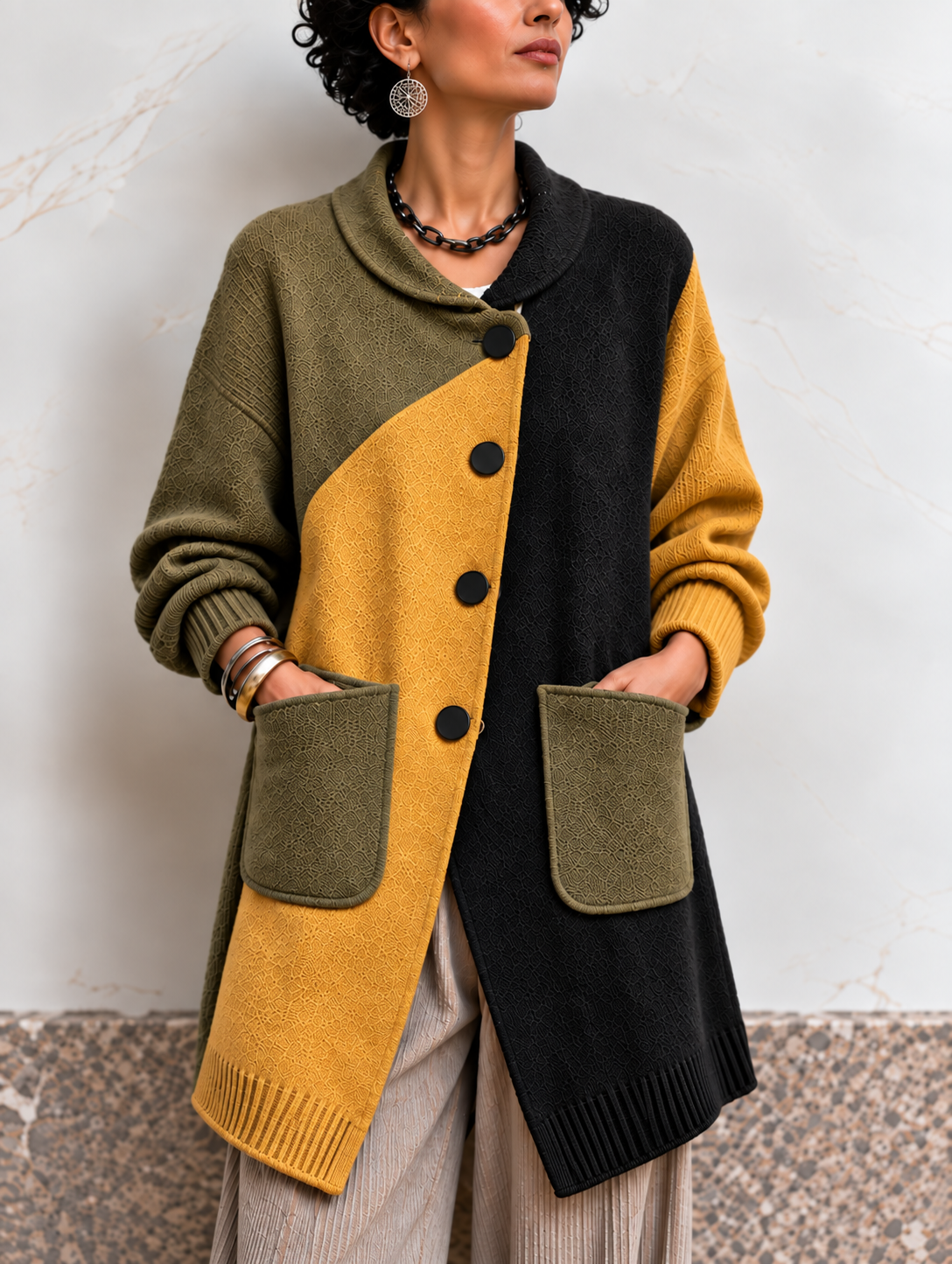 Casual Fashion Color Block Long Sleeve  Cardigan Coat