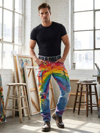 Men's Retro Rainbow Pattern Printed Casual Work Pants