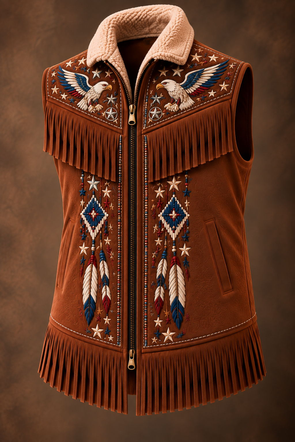 Men's Western Art Fur Collar Long Sleeve Fringe Jacket