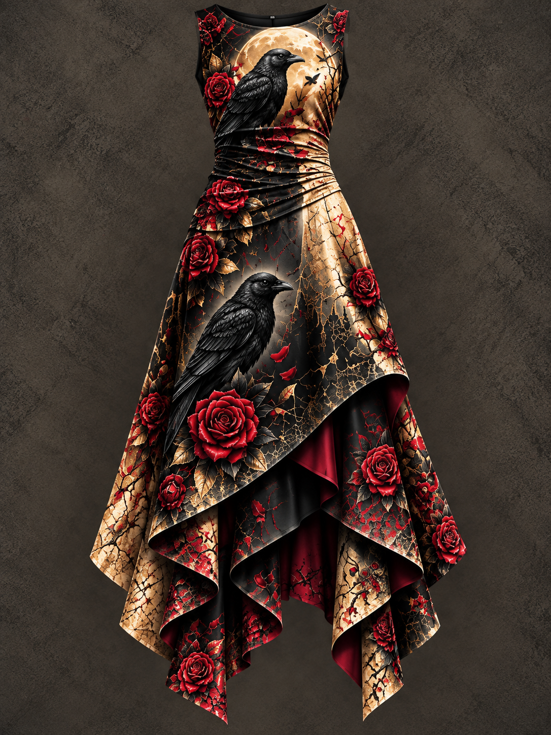 Retro Art Printed Vintage Sleeveless Irregularly Layered Stitched Midi Dress