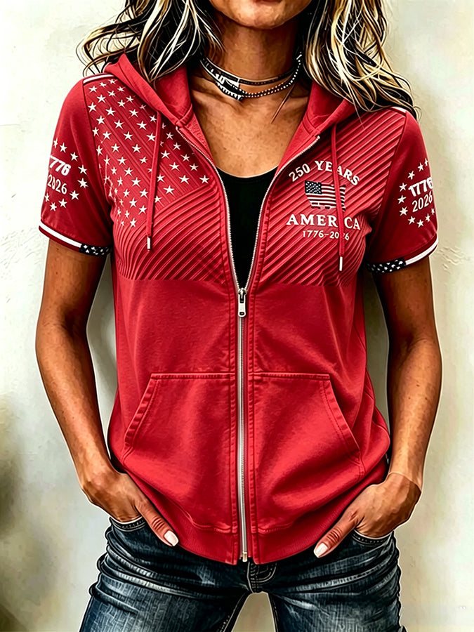 Women'S Casual Flag Summer Short Sleeved Hooded Top