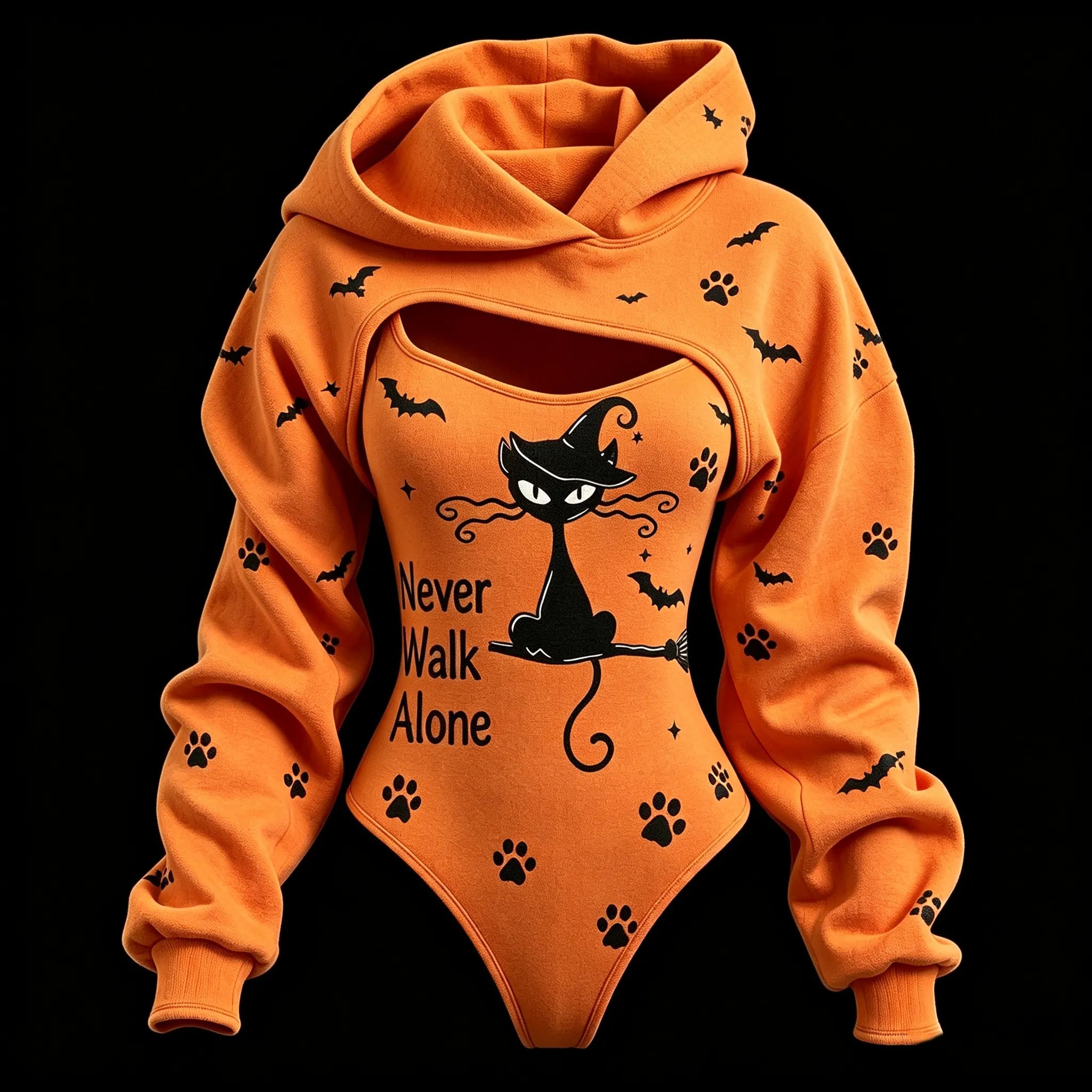 Women's Retro Halloween Black Cat Paw Bat Print Hoodie Two-piece Set