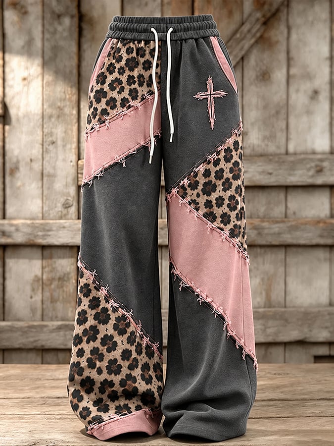 Women'S Retro Leopard Print Cross Print Pants With Patchwork Design