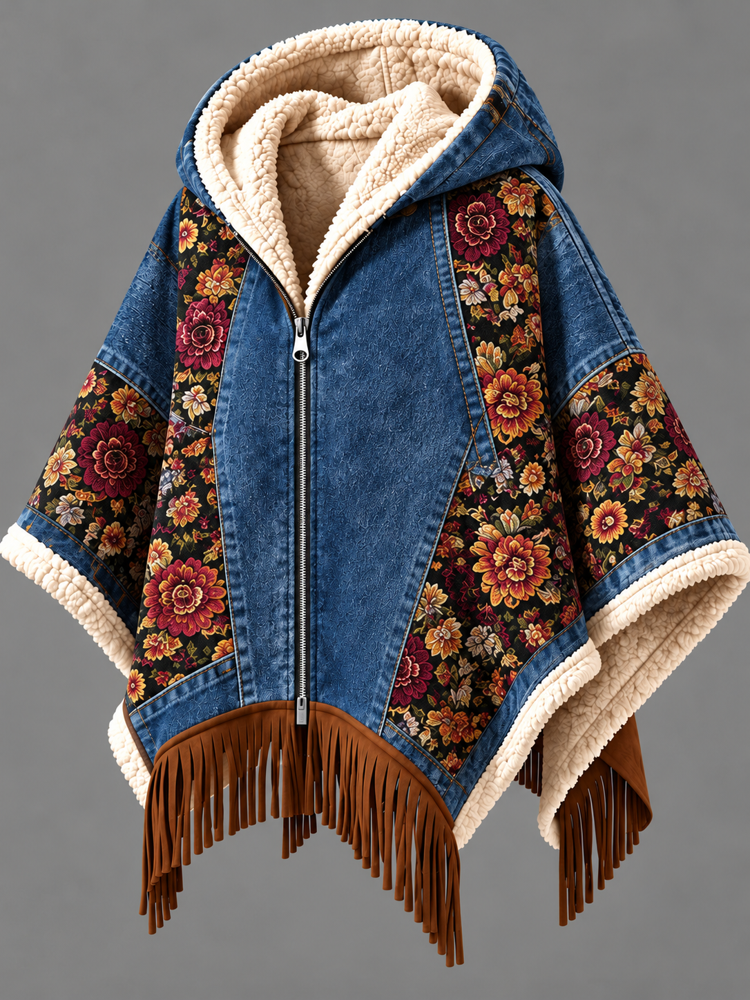 Women's Fall Winter Vintage Art Fleece-Lined Hooded Fringe Poncho